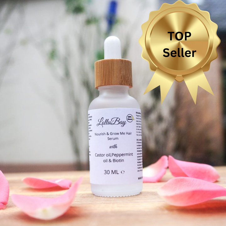 LolluBay Nourish & Grow Me Hair Serum 30 ml dropper bottle with castor oil, peppermint oil and biotin