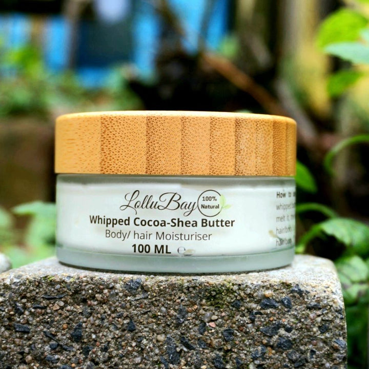 LolluBay Whipped Cocoa-Shea Butter 100 ml jar with bamboo lid – 100% natural body and hair moisturiser