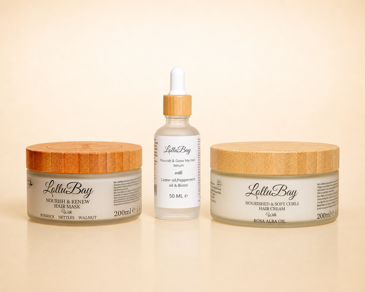 LolluBay complete routine — mask, serum and hair cream